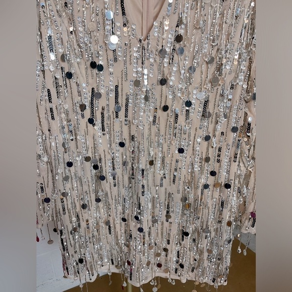 Mac Duggal 92850 Ling Sleeve Beaded Fringe Plunge Neck Dress - Picture 6 of 12